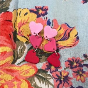 Handmade Clay Heart Drop Earrings in Pink and Red